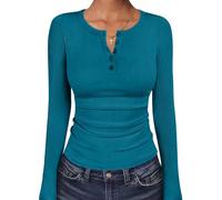 ELFIN Damen Langarmshirt Gerippt Stretch Pullover Knopfleiste Basic Shirt | Rippstrick, Slim Fit, Damen Basic Oberteile, mit Knopf-Henley-Ausschnitt, Elegant, Angenehmes Weiches Unterhemd, Langarm Top