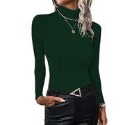 ELFIN Damen Langarmshirt Gerippt Stretch Pullover Rollkragen Elegant Langarm Oberteile Slim Fit Basic Shirt Hemd Tops (L, Dunkelgrün)