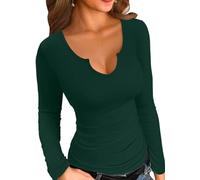 ELFIN Damen Langarmshirt Slim Fit Basic T-Shirt Langarm Oberteile Elegant Stretch Pullover Sexy V Ausschnitt Ribbed Tops Tee Shirts (L, Dunkelgrün)
