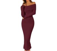 ELFIN Strickkleid Damen Elegant Cocktail Party Kleider Abendkleid Schulterfrei Langarm Pullover Kleid Hochzeit Festlich Bodycon Maxikleid (L, Burgundy)