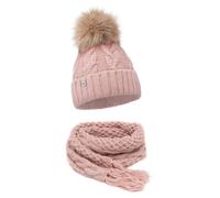 ELIMELI® Winter Mütze Schal Set Damenmütze mit Fell-Bommel Fleece Innenfutter - 2-teilig Damen Winterset - Wintermütze und passender Schal Damenschal- Strickmütze gefüttert - Made in EU (rosa)