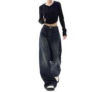 ELizoop Cargo Y2K Jeans Hosen für Frauen Hohe Taille Vintage Denim Punk Ästhetische Baggy Fleece Hose Streetwear, blau, L