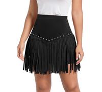 Ella Lust Womens Western Cowgirl Fringe Skirt - Country Concert Outfit Rodeo Tassel Booty Pole Dance Rave Festival Bottoms(Black,XS,11163r)
