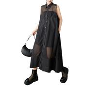 ellazhu Hemdblusenkleid Damen Revers durchgeknöpft ärmellos einfarbig Spitze durchsichtig fließender Saum GZ432