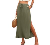 ELLEVEN Gerader Maxirock aus Leinen mit Seitenschlitz, elastischer Taillen-Kordelzug, langer, fließender, knöchellanger Rock mit Taschen, Grün (Army Green), Klein