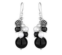 Elli Damen Ohrhänger Blume 925 Sterling Silber Onyx Synthetische Perle schwarz Perlenschliff 302550413
