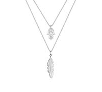 Elli Halskette Silber 925 Layer Feder Hamsa Hand Anhänger Kette Damen Kristall Schmuck Geschenke für Frauen Mädchen Mama Freundin, Lagen Silberkette Länge 45 cm