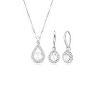 Elli PREMIUM Schmuckset Damen Tropfen Anhänger glamourös elegant mit Süßwasserperlen und Zirkonia Kristallen in 925 Sterling Silber