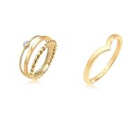 Elli Ring Damen Set Solitär Basic Gedreht mit Kristall in 925 Sterling Silber & Ring Damen V-Form Stacking Trend in 925 Sterling Silber Vergoldet