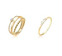 Elli Ring Damen Set Solitär Basic Gedreht mit Kristall in 925 Sterling Silber & Ring Damen Vintage mit Zirkonia Kristallen und Opal in 925 Sterling Silber Vergoldet