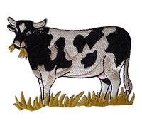 ELLU Kuh-Aufnäher, bestickt, zum Aufnähen auf Kleidung, Bauernhoftier-Stickerei, 8 cm breit und 6,2 cm hoch, 1 Stück, Tiermotiv, Dekoration, Patch, Aufbügeln