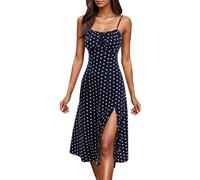 Elogoog Midi-Kleider für Damen, Tankkleid, Boho, Spaghetti mit Punkten, Tank-Top, Falten, Übergröße, Blau, Mittel