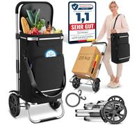ELONEO Einkaufstrolley klappbar, Einkaufswagen mit Kühlfach, 3in1 Trolley, Sackkarre & Umhängetasche, Einkaufsrollwagen, Shopping Trolley 43L Kapazität & Spanngurt, Hackenporsche Schwarz