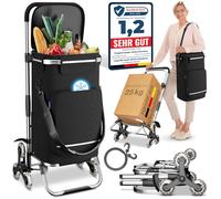 ELONEO Einkaufstrolley Treppensteiger mit Kühlfach, Einkaufsroller klappbar, Shopping Trolley höhenverstellbar, Reflektoren, abnehmbare Tasche 43 L, Hackenporsche (Treppensteiger-Trolley, Schwarz)