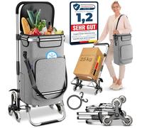ELONEO Einkaufstrolley Treppensteiger mit Kühlfach, Einkaufsroller klappbar, Shopping Trolley höhenverstellbar, Reflektoren, abnehmbare Tasche 43 L, Hackenporsche (Treppensteiger-Trolley, Silber)