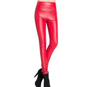 Elonglin Damen-Leggings, Kunstleder, sexy, volle Länge, Push-Up, dehnbar, hohe Taille, glänzend, feucht, Discohose Gr. Large, rot