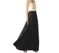 Elonglin Damen Mädchen Maxirock Skirt Hoher Bund A-Linie Plissee Lang Mesh Röcke Black B 38