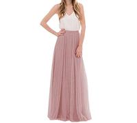 Elonglin Damen Mädchen Maxirock Skirt Hoher Bund A-Linie Plissee Lang Mesh Röcke Pink 1 B 38