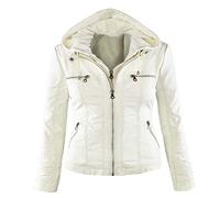 Elonglin Damen Mode Lederjacke Kunstleder Einfarbig Reißverschluss Kapuzenjacken Freizeit Slim Cool Jacken Herbst Mantel Beige DE S (Asie M)