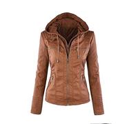 Elonglin Damen Mode Lederjacke Kunstleder Einfarbig Reißverschluss Kapuzenjacken Freizeit Slim Cool Jacken Herbst Mantel Braun DE XS (Asie S)