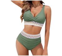Elsa Keith Bikini Damen Set Sexy Badeanzug Hohe Taille Zweiteiliger Kordelzug Farbblock Bademode Sommer V Ausschnitt Bikinis für Frauen Elegant Baumwolle Badeanzüge Überkreuztes Bandeau Swimsuit