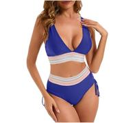Elsa Keith Bikini Damen Set Sexy Badeanzug Hohe Taille Zweiteiliger Kordelzug Farbblock Bademode Sommer V Ausschnitt Bikinis für Frauen Elegant Baumwolle Badeanzüge Überkreuztes Bandeau Swimsuit