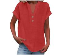 Elsa Keith Musselin Bluse Damen Sommer Leinen Tshirt Elegant Baumwolle Leinenbluse Casual Kurzarm Oberteile V-Ausschnitt Button Tops Bequemes Atmungsaktiv Leinenshirt Leicht Tunika Sommershirts