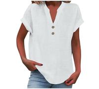 Elsa Keith Musselin Bluse Damen Sommer Leinen Tshirt Elegant Baumwolle Leinenbluse Casual Kurzarm Oberteile V-Ausschnitt Button Tops Bequemes Atmungsaktiv Leinenshirt Leicht Tunika Sommershirts