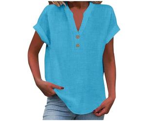 Elsa Keith Musselin Bluse Damen Sommer Leinen Tshirt Elegant Baumwolle Leinenbluse Casual Kurzarm Oberteile V-Ausschnitt Button Tops Bequemes Atmungsaktiv Leinenshirt Leicht Tunika Sommershirts