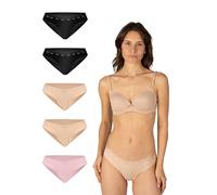 Elsie Lace Damen String Tanga 5er Pack - Baumwolle mit Stretch, Bequeme Unterhosen für Frauen mit elastischem Bund (DE/NL/SE/PL, Alphanumerisch, L, Regular, Regular, 2X Schwarz 2X Beige 1x Rosa)