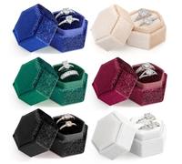 ELSJOY Set von 6 Samt Ring Box - Double Slot Schmuck Ring Geschenk Box Sechseck Diskrete kleine Samt Box Vintage Ring Halter mit abnehmbarem Deckel für Hochzeit, Vorschlag & Engagement in 6 Farben