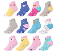 ELUTONG Antirutsch Socken Kinder, 12 Paar Mädchen Jungen Baumwolle Stoppersocken with Cartoon Muster für 1-3 Jahre（Blumen, Haus）