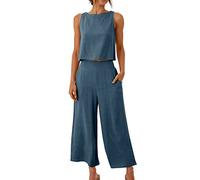 EMATOP 2 Teiler Hosenanzug Damen Elegant Zweiteiler Outfit Sommer Ärmelloses Tank Top und Hose Trainingsanzug Baumwolle Leinen Freizeitanzug mit Taschen Sportanzug Leicht Einfarbig Loungewear
