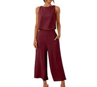 EMATOP 2 Teiler Hosenanzug Damen Elegant Zweiteiler Outfit Sommer Ärmelloses Tank Top und Hose Trainingsanzug Baumwolle Leinen Freizeitanzug mit Taschen Sportanzug Leicht Einfarbig Loungewear