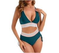 EMATOP Bikini Damen Set Sexy Badeanzug Hohe Taille Bademode Baumwolle Einfarbig Zweiteiliger Bikinis Wickeloptik Lace Up Swimsuit V Ausschnitt Elegant Badeanzüge für Frauen Sommer