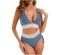 EMATOP Bikini Damen Set Sexy Badeanzug Hohe Taille Bademode Baumwolle Einfarbig Zweiteiliger Bikinis Wickeloptik Lace Up Swimsuit V Ausschnitt Elegant Badeanzüge für Frauen Sommer