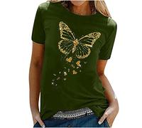EMATOP Bluse Damen Casual T-Shirt Sommer Lose Oberteile Rundhals Basic Kurzarm Tops mit Gold Schmetterling Druck Longshirt Elegante Baumwolle Tunika Tee Tshirts Weich Bequem Sommershirts
