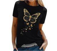EMATOP Bluse Damen Casual T-Shirt Sommer Lose Oberteile Rundhals Basic Kurzarm Tops mit Gold Schmetterling Druck Longshirt Elegante Baumwolle Tunika Tee Tshirts Weich Bequem Sommershirts