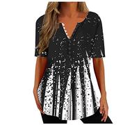 EMATOP Bluse Damen Sommer Lässiges Kurzarm T-Shirts V-Ausschnitt Knopfleiste Sommershirts Elegant Vintage Tunika Oberteil Locker Plissiert Longshirt Neuartige Drucke Longbluse Tee Tops