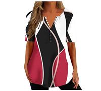 EMATOP Bluse Damen Sommer Lässiges Kurzarm T-Shirts V-Ausschnitt Knopfleiste Sommershirts Elegant Vintage Tunika Oberteil Locker Plissiert Longshirt Neuartige Drucke Longbluse Tee Tops