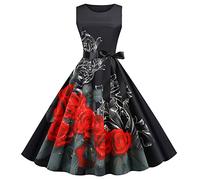 EMATOP Cocktailkleid Damen 50er Jahre Rockabilly Kleid Vintage Ärmellos Abendkleid Retro Swing A Linie Faltenrock Knielang Sommerkleid Elegant Hohe Taille Ballkleid Blumen Druck Strandkleid