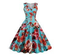 EMATOP Damen 50er Jahre Kleider Vintage Rockabilly Cocktailkleid Sexy Ärmellos Ballkleid Elegant A-Line Kleid Blumendruck Sommerkleid Knielang V-Ausschnitt Abendkleid Hohe Taille Faltenrock