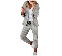EMATOP Damen Anzug Elegant 2 Teilig Hosenanzug Langarm Business Anzug Set Zweiteiler Einfarbig Blazer Hose Lange Festlich Hosenanzüge Sportlich Slimfit Streetwear Frauen Baumwolle Freizeitanzug