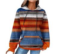 EMATOP Damen Baumwolle Hoodie Causal Langarm Kapuzenpullover Herbst Winter Warm Pullover Vintage Bunte Print Sweatshirt mit Kapuze Pulli Oberteile Mode Waffel Kapuzenpulli mit Taschen Outwear