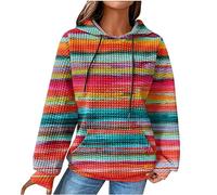 EMATOP Damen Baumwolle Hoodie Causal Langarm Kapuzenpullover Herbst Winter Warm Pullover Vintage Bunte Print Sweatshirt mit Kapuze Pulli Oberteile Mode Waffel Kapuzenpulli mit Taschen Outwear