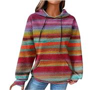EMATOP Damen Baumwolle Hoodie Causal Langarm Kapuzenpullover Herbst Winter Warm Pullover Vintage Bunte Print Sweatshirt mit Kapuze Pulli Oberteile Mode Waffel Kapuzenpulli mit Taschen Outwear