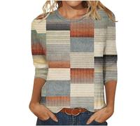 EMATOP Damen Bluse Lässige 3/4 Ärmel Tshirt Elegant Baumwolle Tunika Tops Locker Rundhals Sommershirts Bunt Streifen Longshirt Vintage Sport Longbluse Leicht Bequemes Oberteile für Alltag