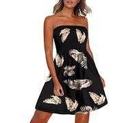 EMATOP Damen Boho Kleid Bandeau Sommerkleid Elegant Kurz Freizeitkleid Trägerlos Ärmellos Party Strandkleid Cocktailkleid Farbverlauf Blumen Druck Minikleid Stretch Hohe Taille Faltenkleid