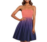 EMATOP Damen Boho Kleid Bandeau Sommerkleid Elegant Kurz Freizeitkleid Trägerlos Ärmellos Party Strandkleid Cocktailkleid Farbverlauf Blumen Druck Minikleid Stretch Hohe Taille Faltenkleid