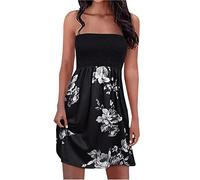 EMATOP Damen Boho Kleid Bandeau Sommerkleid Elegant Kurz Freizeitkleid Trägerlos Ärmellos Party Strandkleid Cocktailkleid Farbverlauf Blumen Druck Minikleid Stretch Hohe Taille Faltenkleid